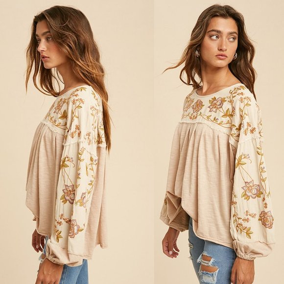 NEW Natural Floral Embroidered Oversize Blouse Top - Picture 4 of 12